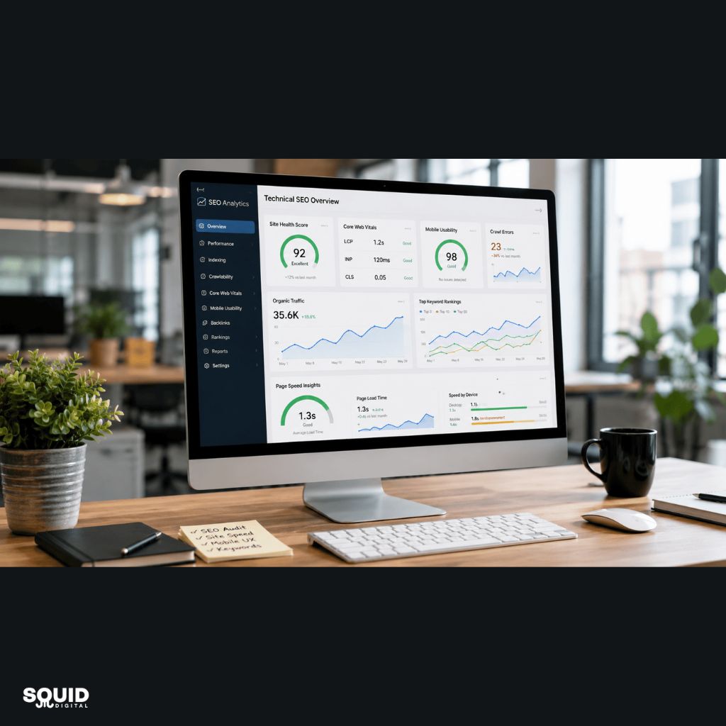 Technical SEO analysis dashboard showing website performance improvements for growing businesses