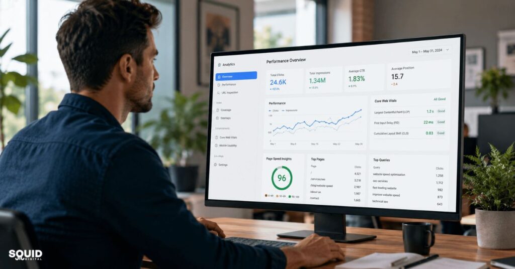 Business owner reviewing managed hosting website speed and SEO performance