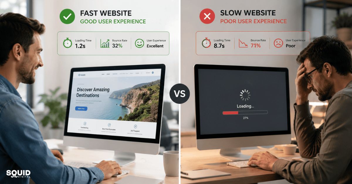 Web speed optimisation dashboard displayed on a modern business website workspace
