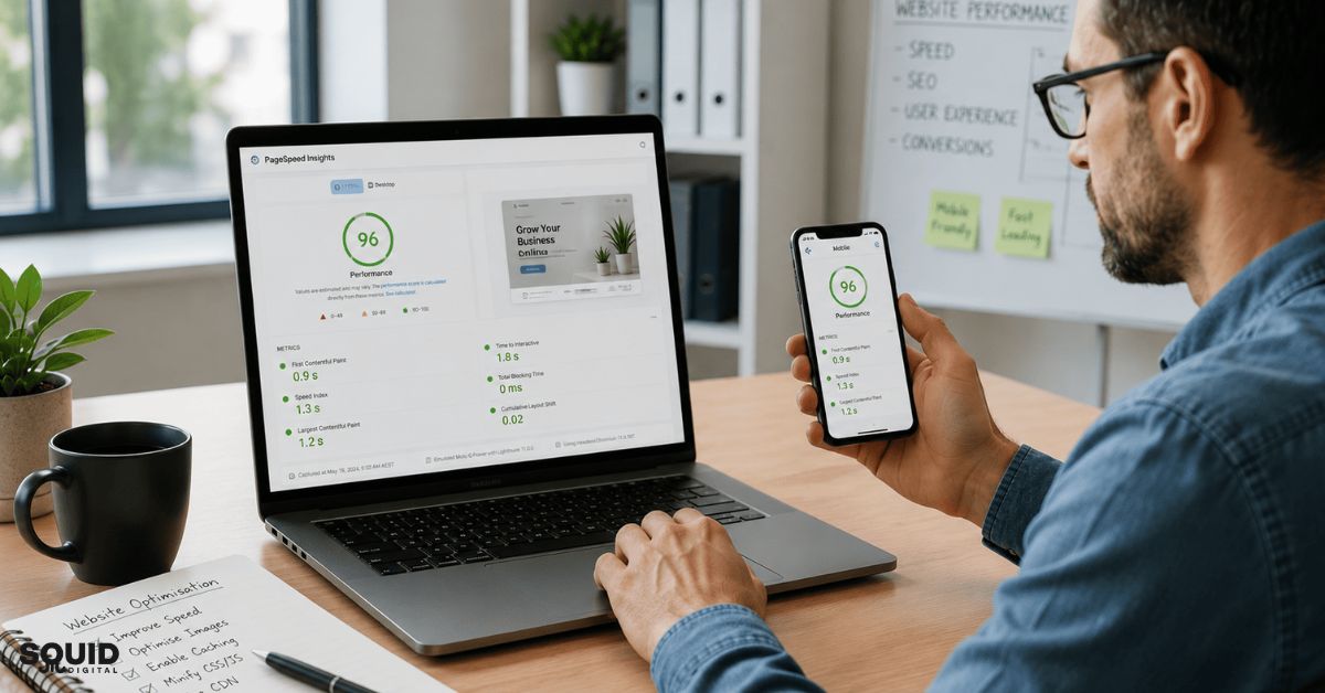 Small business owner reviewing web speed optimisation results on mobile and desktop