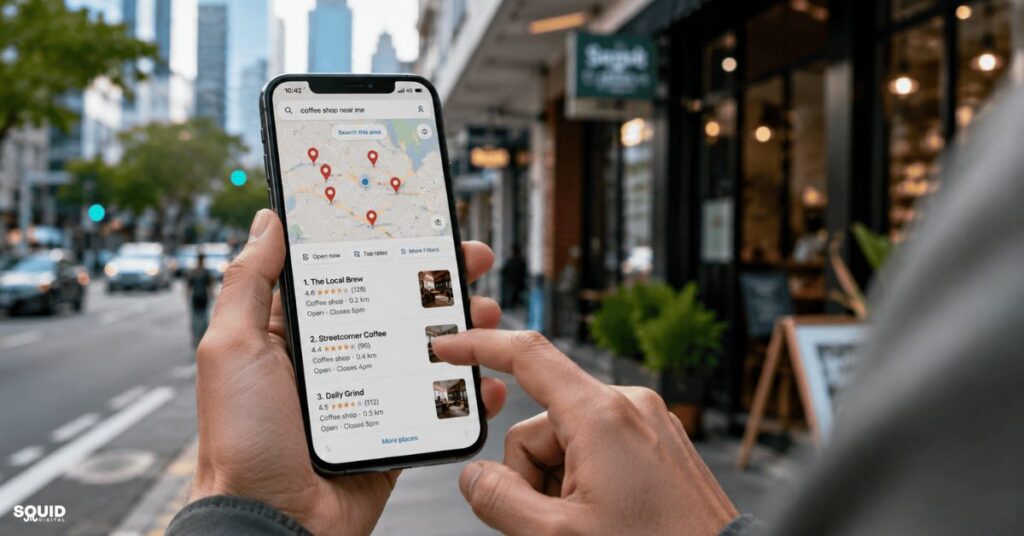 Customer using local search results as part of a local SEO strategy for small business discovery.