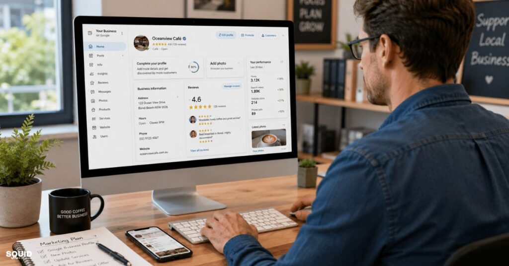 Business owner optimising a local SEO strategy for small business through profile management and customer reviews.