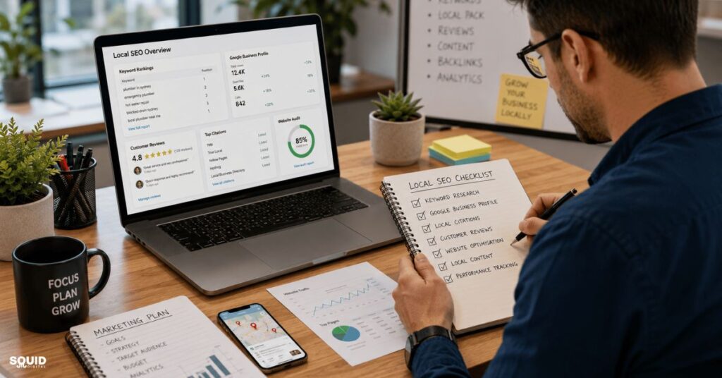 Professional implementing a local SEO strategy for small business using a practical optimisation checklist.
