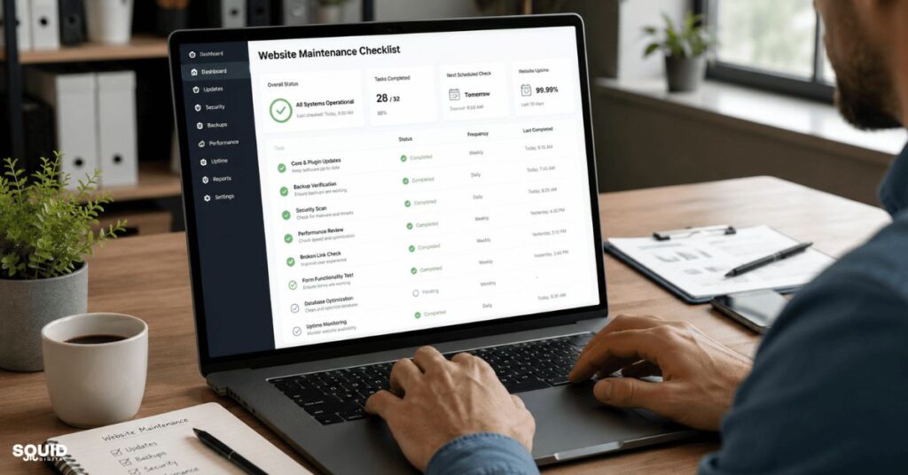 Business owner completing a website maintenance checklist to keep a website running smoothly.