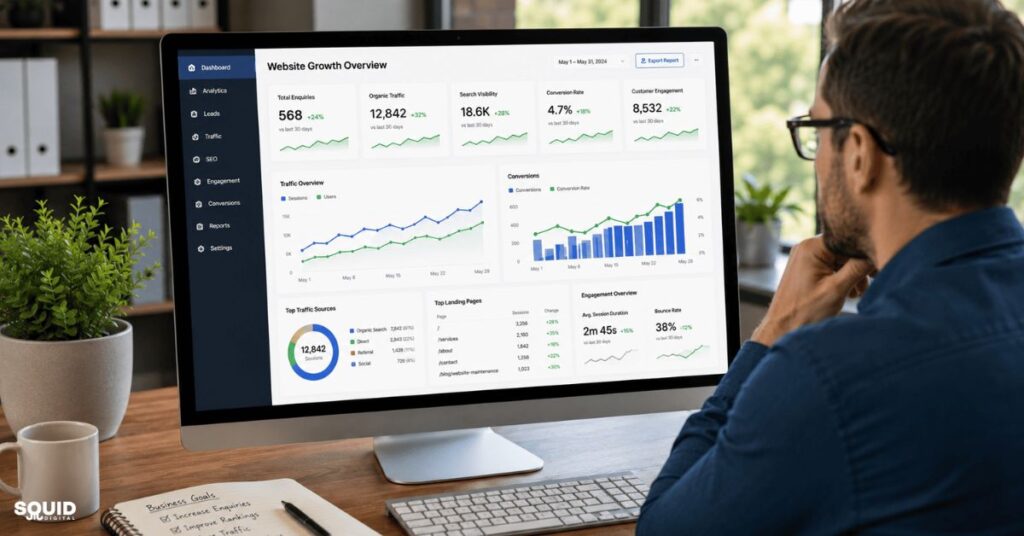 Regular website maintenance supporting business growth, SEO visibility, and lead generation.