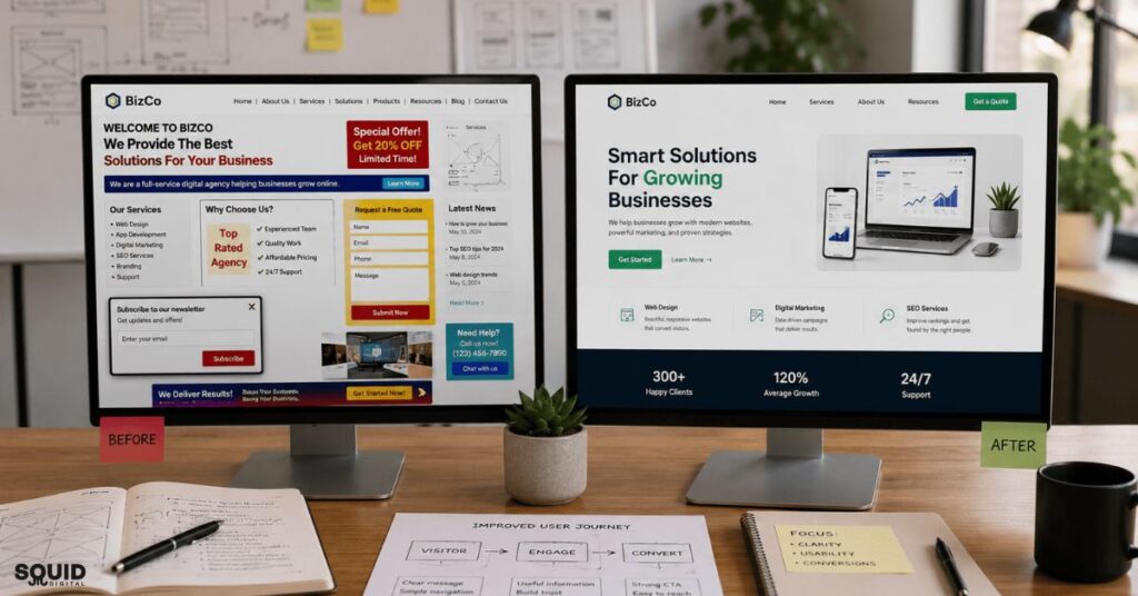 Website usability comparison highlighting how UX design improves conversions by reducing friction.