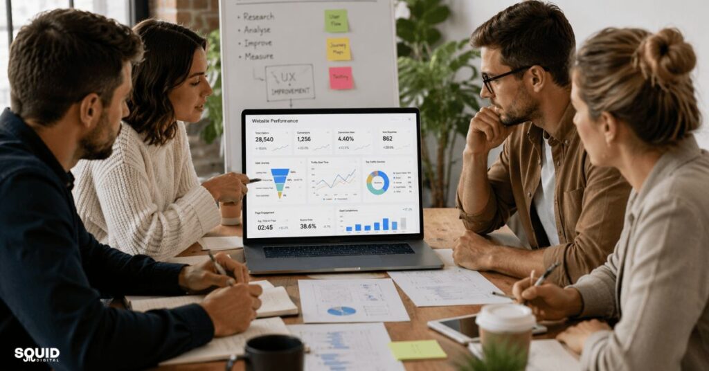 Small business team discussing how UX design improves conversions and customer engagement.