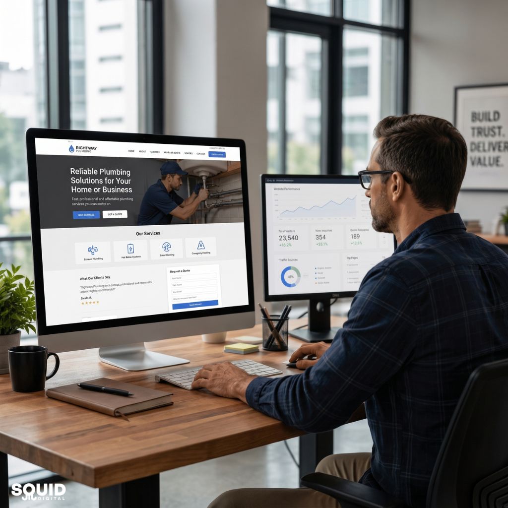 Small business owner reviewing website design for service businesses to improve customer enquiries and growth.